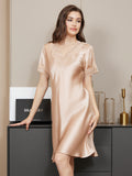 SilkSilky US Pure Silk Short Sleeve V Neck Nightgown Champagne 001