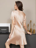 SilkSilky US Pure Silk Short Sleeve V Neck Nightgown Champagne 002