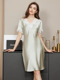 SilkSilky US Pure Silk Short Sleeve V Neck Nightgown MintGreen 001