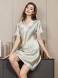 SilkSilky US Pure Silk Short Sleeve V Neck Nightgown MintGreen 004