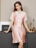 SilkSilky US Pure Silk Short Sleeve V Neck Nightgown Pink 005