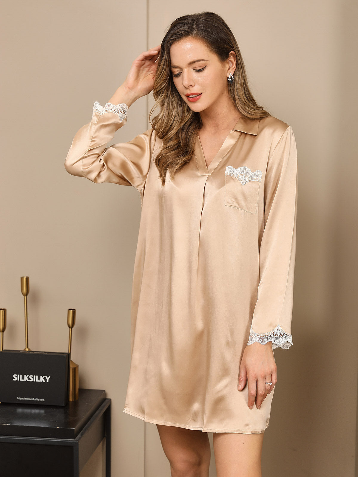[Gold] SilkSilky  Long Sleeve V Neck Nightgown 004