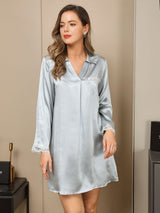 [Light Blue] SilkSilky  Long Sleeve V Neck Nightgown 003