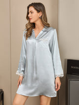 [Light Blue] SilkSilky  Long Sleeve V Neck Nightgown 004