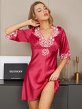 SilkSilky US 19Momme Pure Silk Half Sleeve Deep V Neck Dress RoseRed 001