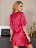 SilkSilky US 19Momme Pure Silk Half Sleeve Deep V Neck Dress RoseRed 002