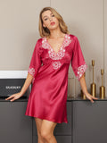 SilkSilky US 19Momme Pure Silk Half Sleeve Deep V Neck Dress RoseRed 003