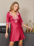 SilkSilky US 19Momme Pure Silk Half Sleeve Deep V Neck Dress RoseRed 005