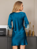 SilkSilky US 19Momme Pure Silk Half Sleeve Deep V Neck Dress Teal 002