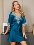 SilkSilky US 19Momme Pure Silk Half Sleeve Deep V Neck Dress Teal 004