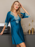 SilkSilky US 19Momme Pure Silk Half Sleeve Deep V Neck Dress Teal 005