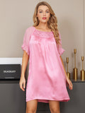 SilkSilky US Pure Silk Short Sleeve Boat Neck Nightgown Pink 005