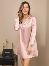 [Pink] SilkSilky  Long Sleeve V Neck Nightgown 001