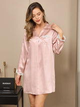 [Pink] SilkSilky  Long Sleeve V Neck Nightgown 003