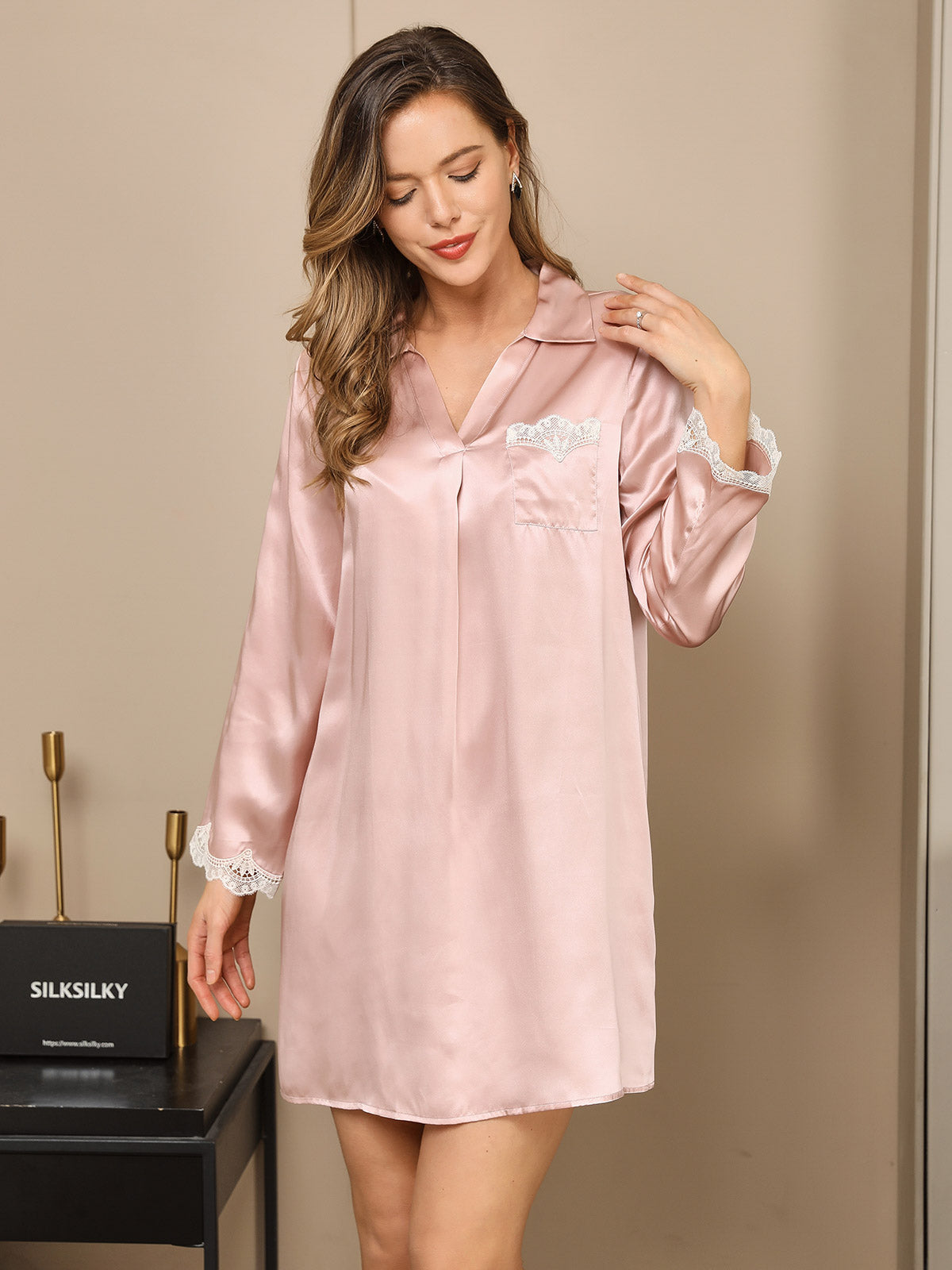 [Pink] SilkSilky  Long Sleeve V Neck Nightgown 003