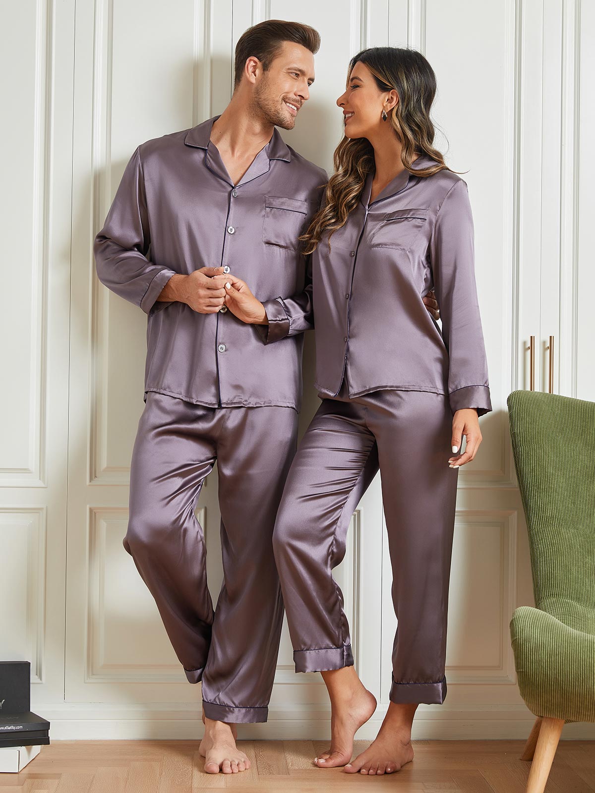 Couple Pure Silk Long Pajama Sets Total 4Pcs – SILKSILKY