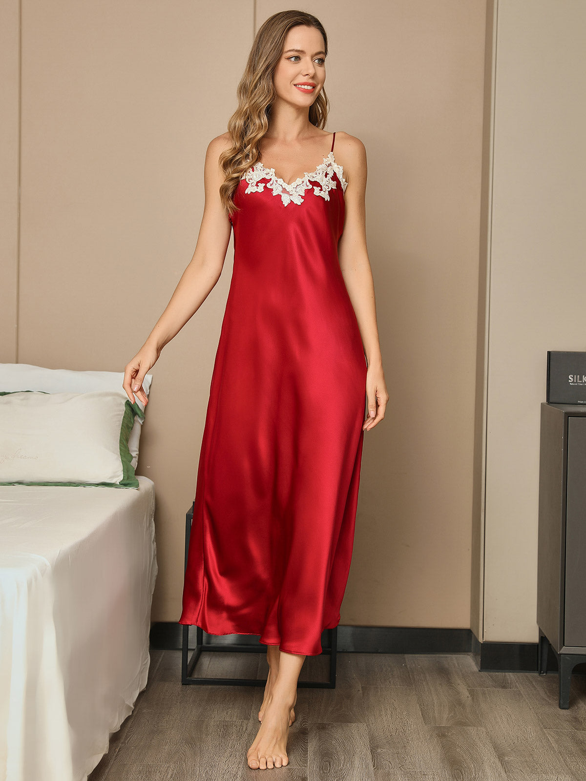 [Wine] SilkSilky 19Momme Pure Silk Sleeveless V Neck Dress 004