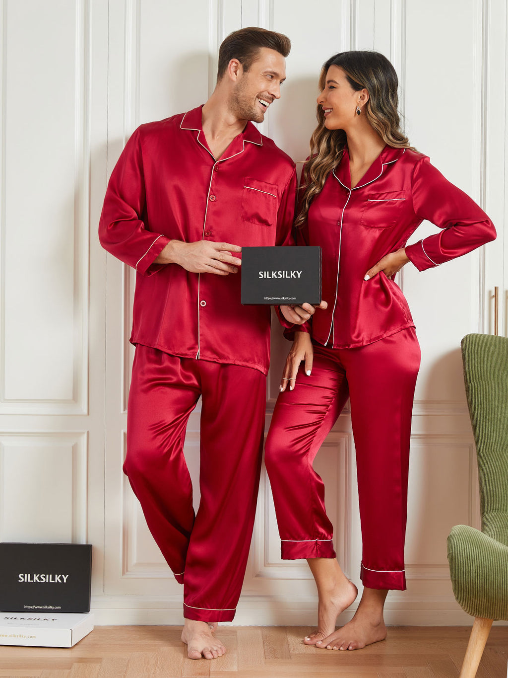 Couple 100% Mulberry Silk Long Pajamas Matching Set Total 4Pcs