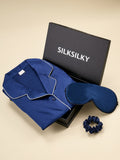 SilkSilky US Pure Silk Long Sleeve Lapel Women's Pajamas DarkBlue 001