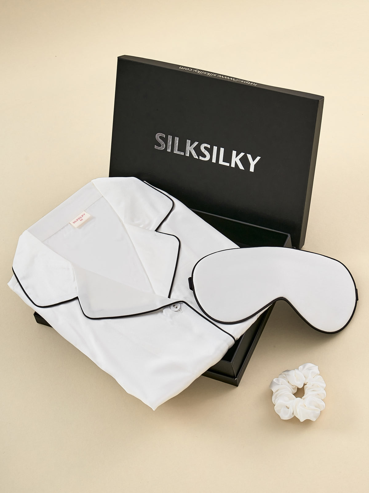 SilkSilky US Pure Silk Long Sleeve Lapel Women's Pajamas White 001