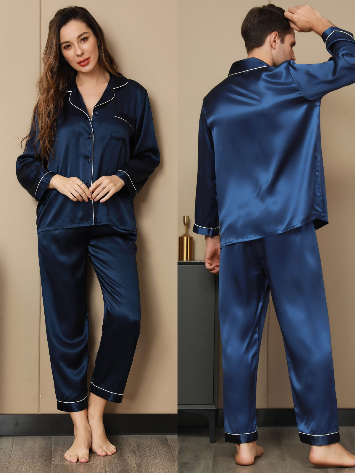 SilkSilky US Pure Silk Long Sleeve Couple DarkBlue 001