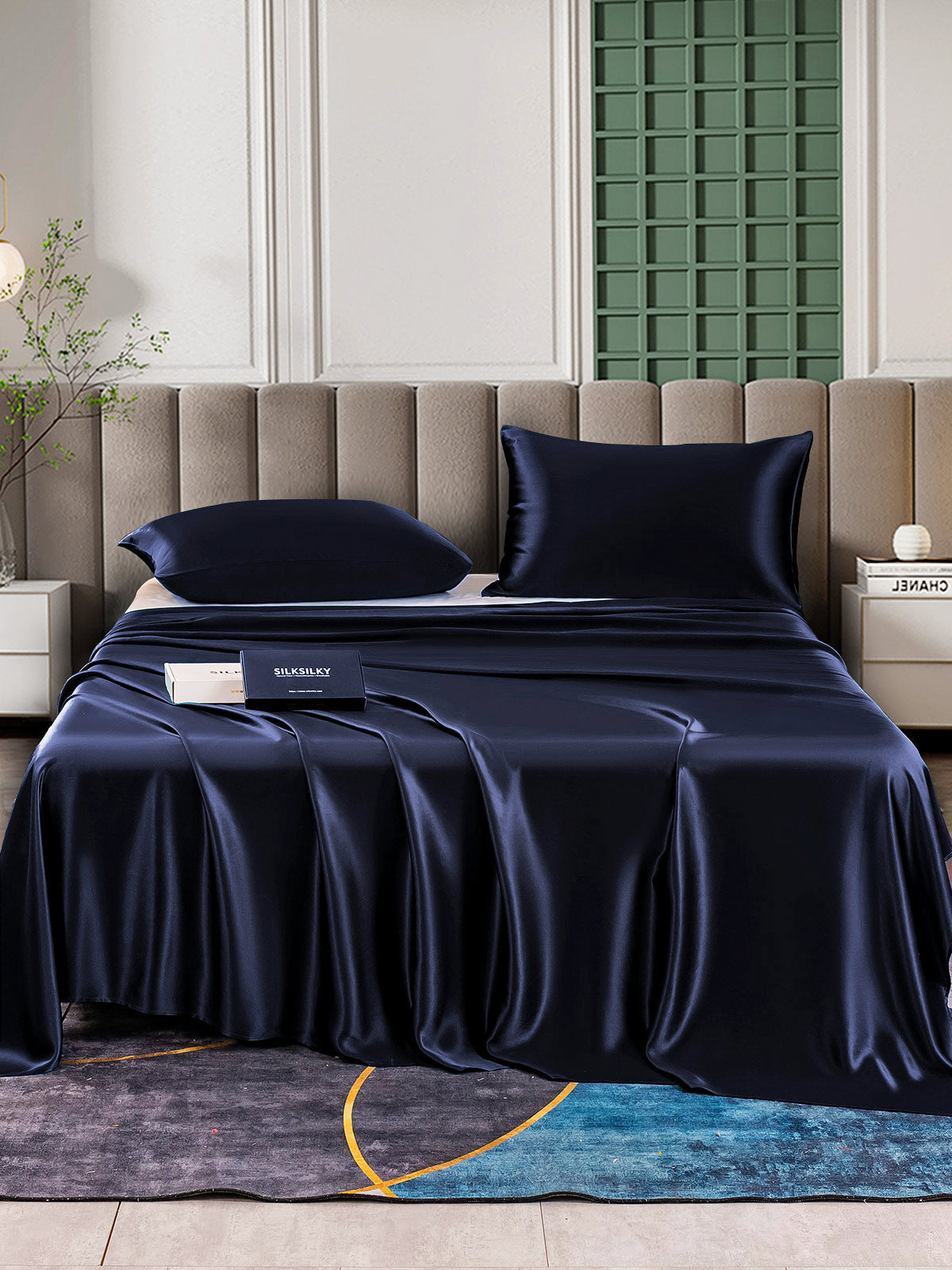 SilkSilky US 25Momme Pure Silk Bedding Set DarkBlue 001